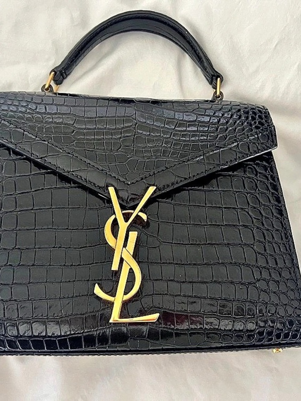 Saint Laurent Cassandra Top Handle Bag Crocodile-Embossed Shiny Leather Mini